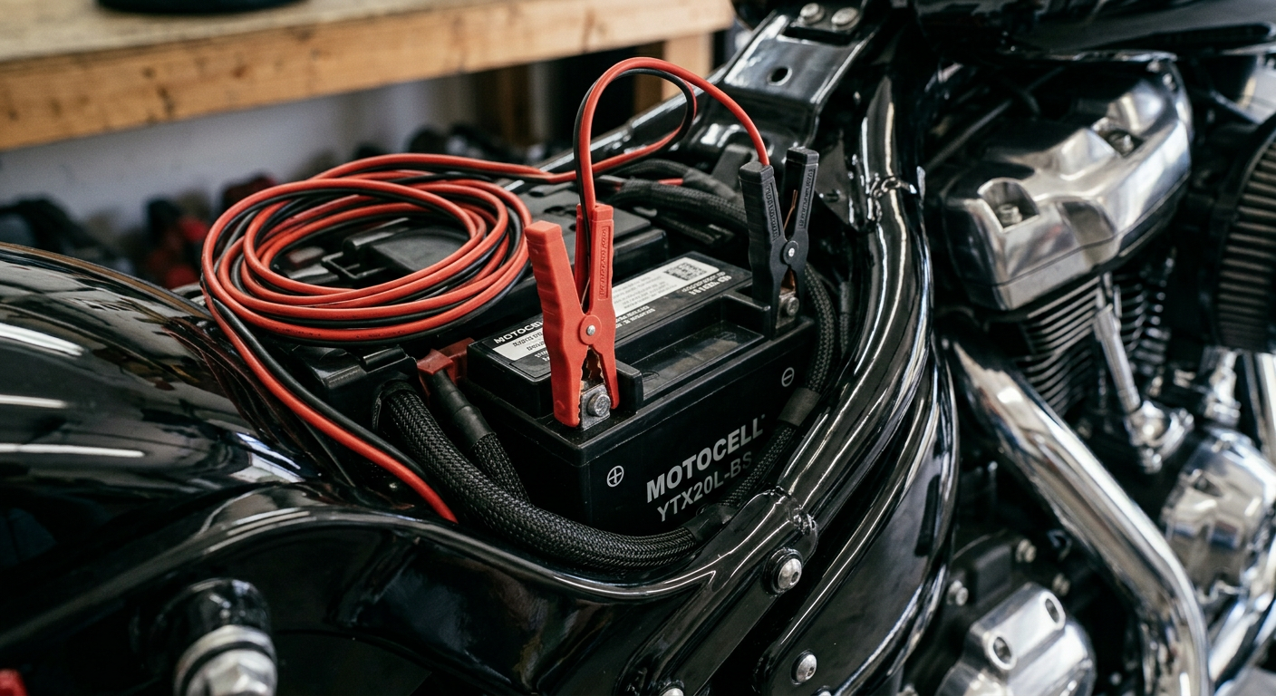 Compact 10 AWG jumper cables with custom slim alligator clips for motorcycles and ATVs.