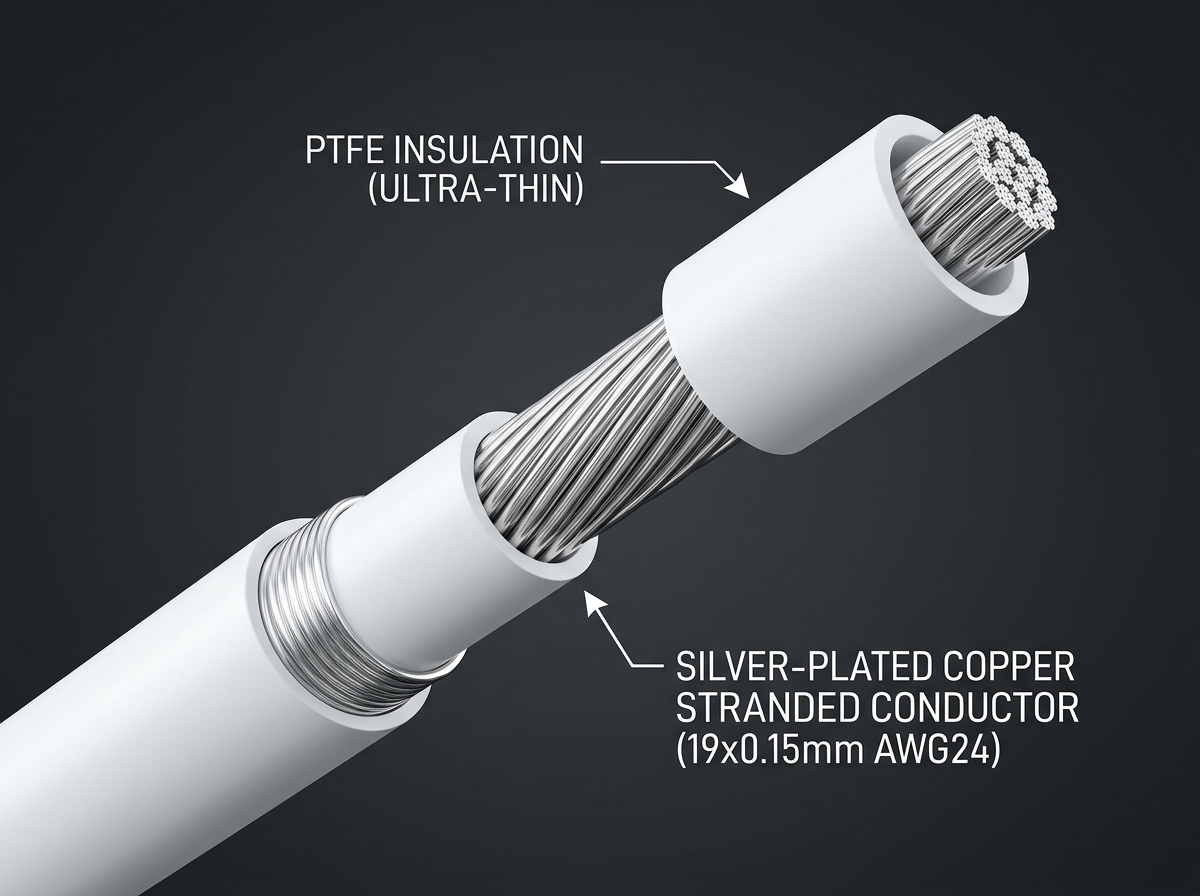 Cross-section of thin wall PTFE insulated wire showing silver-plated copper conductor for automotive applications