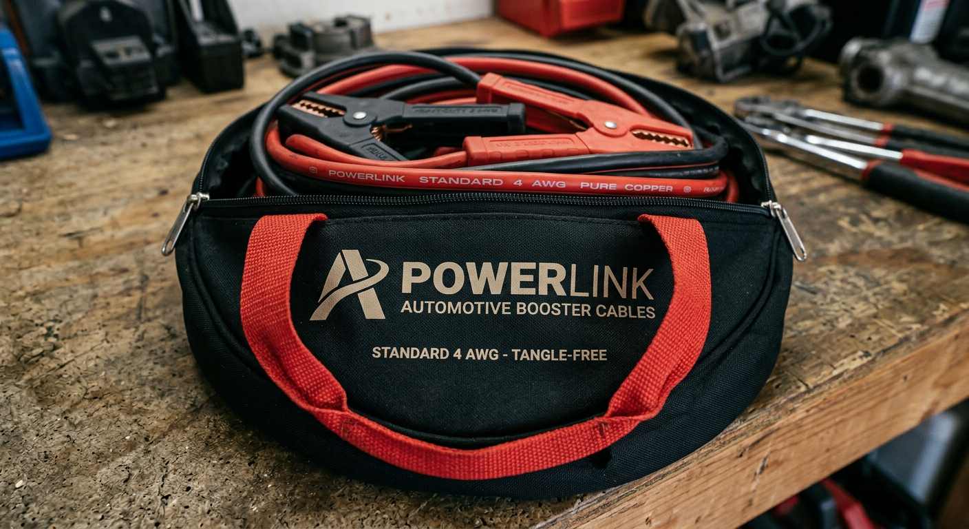 Standard 4 AWG automotive jumper cables packed in a custom branded carrying bag for Amazon sellers.