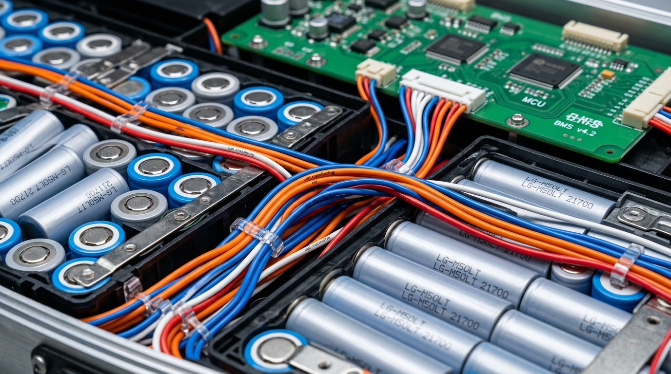 Thin wall PTFE wire harness routing through tight spaces in EV battery pack for BMS monitoring